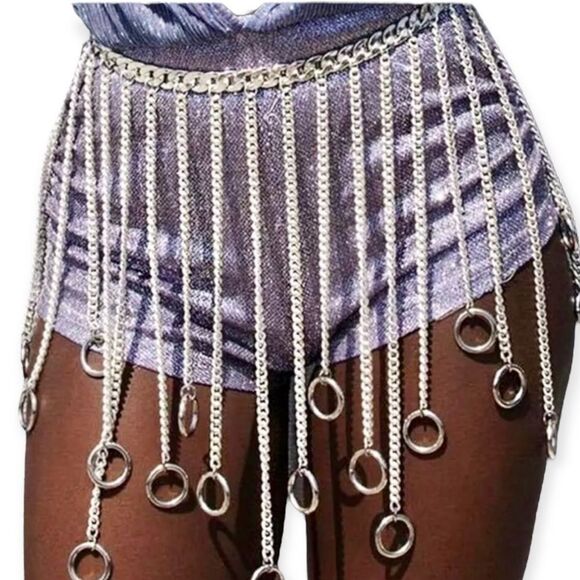 Chunky Silver Chain O-Ring Fringe Belt Y2K - NEW - Picture 3 of 4